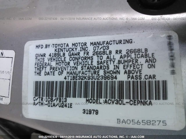 4T1BE32K93U239694 - 2003 TOYOTA CAMRY LE/XLE/SE SILVER photo 9