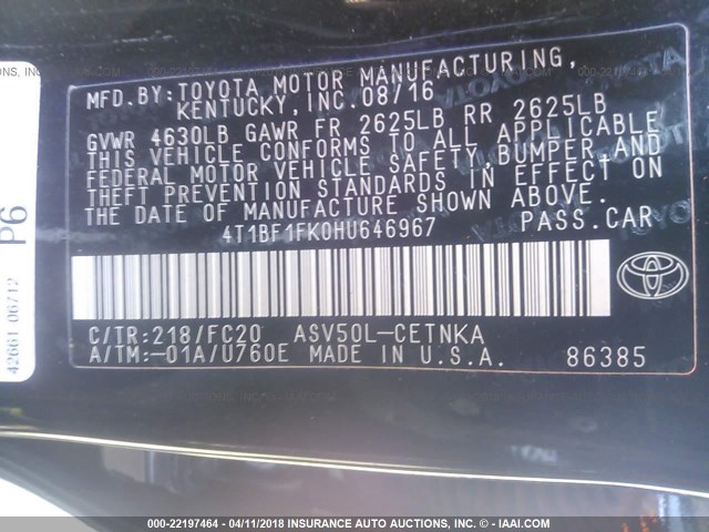 4T1BF1FK0HU646967 - 2017 TOYOTA CAMRY LE/XLE/SE/XSE 黑色 照片 9