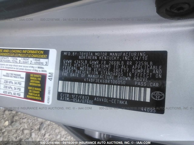 4T4BF3EK6BR106050 - 2011 TOYOTA CAMRY SE/LE/XLE SILVER photo 9