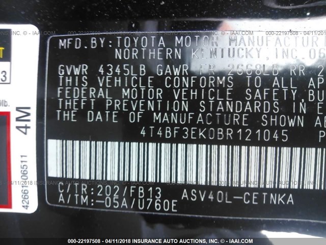 4T4BF3EK0BR121045 - 2011 TOYOTA CAMRY SE/LE/XLE BLACK photo 9