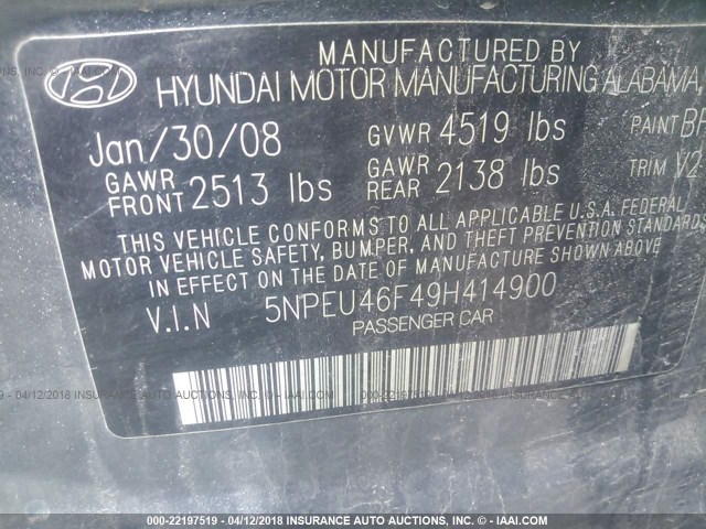 5NPEU46F49H414900 - 2009 HYUNDAI SONATA SE/LIMITED BLUE photo 9