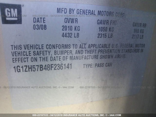 1G1ZH57B48F236141 - 2008 CHEVROLET MALIBU 1LT 金色 照片 9