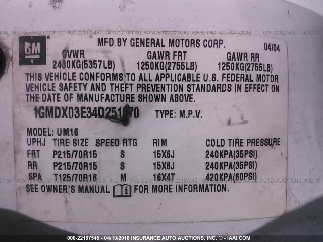 1GMDX03E34D251870 - 2004 PONTIAC MONTANA WHITE photo 9