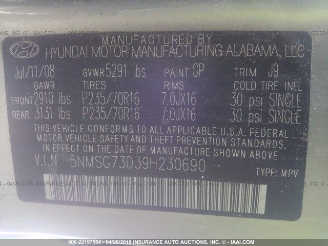 5NMSG73D39H230690 - 2009 HYUNDAI SANTA FE GLS SILVER photo 9