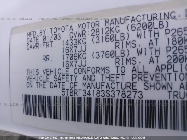 5TBRT34183S378273 - 2003 TOYOTA TUNDRA ACCESS CAB SR5 WHITE photo 9