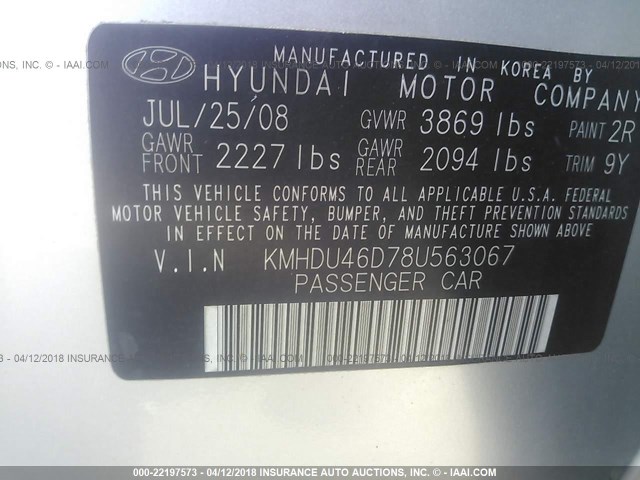 KMHDU46D78U563067 - 2008 HYUNDAI ELANTRA GLS/SE/LIMITED SILVER photo 9