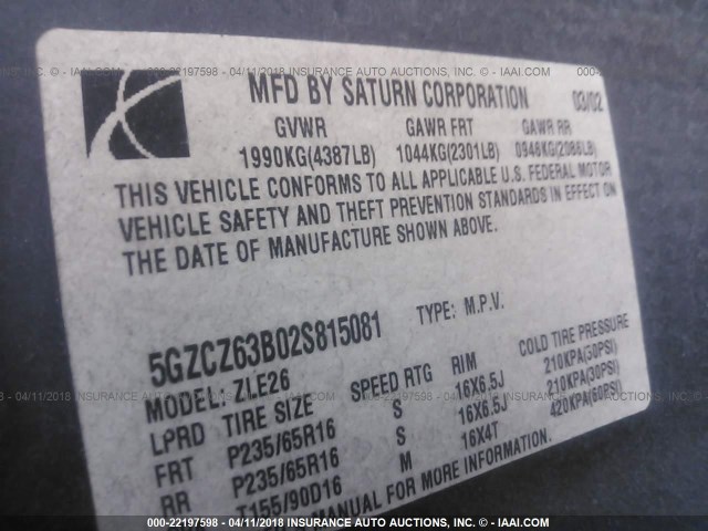 5GZCZ63B02S815081 - 2002 SATURN VUE RED photo 9