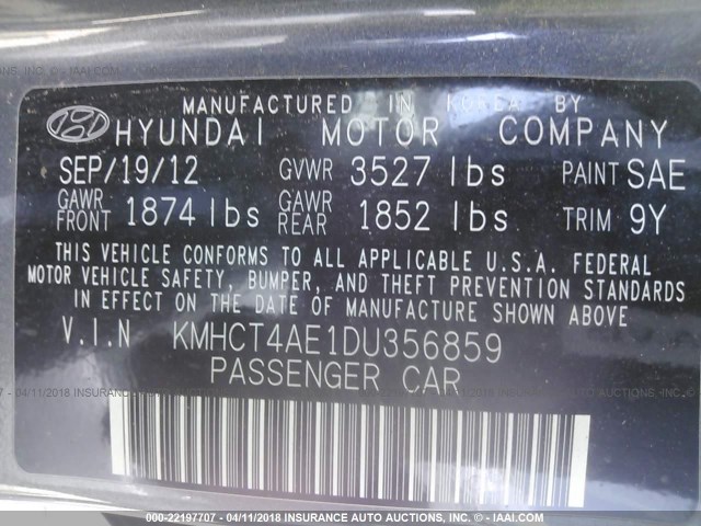 KMHCT4AE1DU356859 - 2013 HYUNDAI ACCENT GLS/GS GRAY photo 9