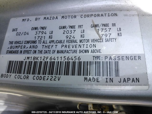 JM1BK12F641156456 - 2004 MAZDA 3 I SILVER photo 9