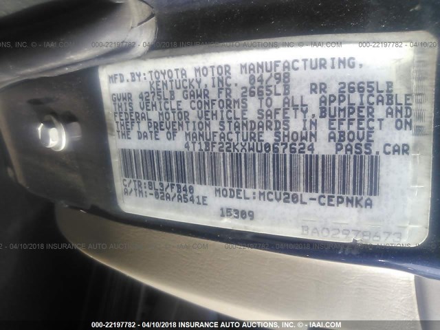 4T1BF22KXWU067624 - 1998 TOYOTA CAMRY CE/LE/XLE BLUE photo 9