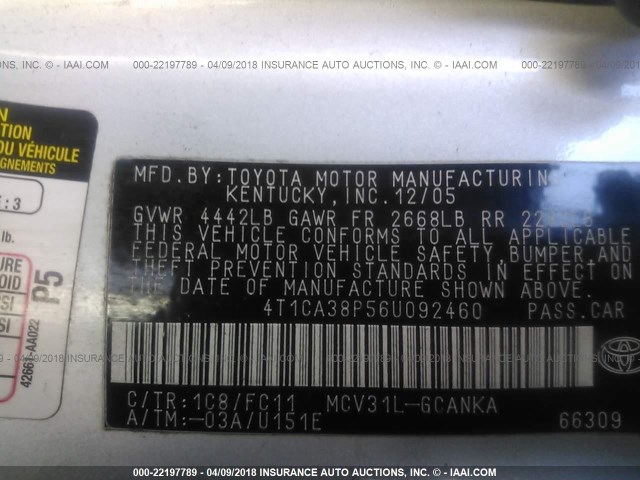 4T1CA38P56U092460 - 2006 TOYOTA CAMRY SOLARA SE/SLE 银色 照片 9