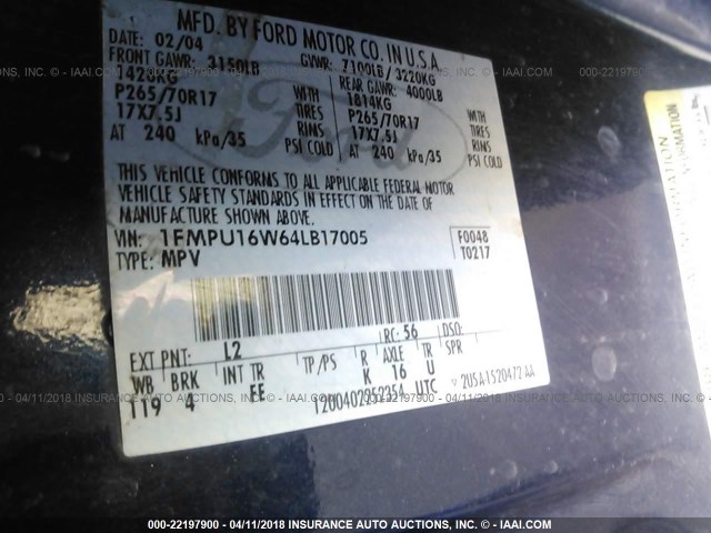 1FMPU16W64LB17005 - 2004 FORD EXPEDITION XLT ლურჯი ფოტო 9