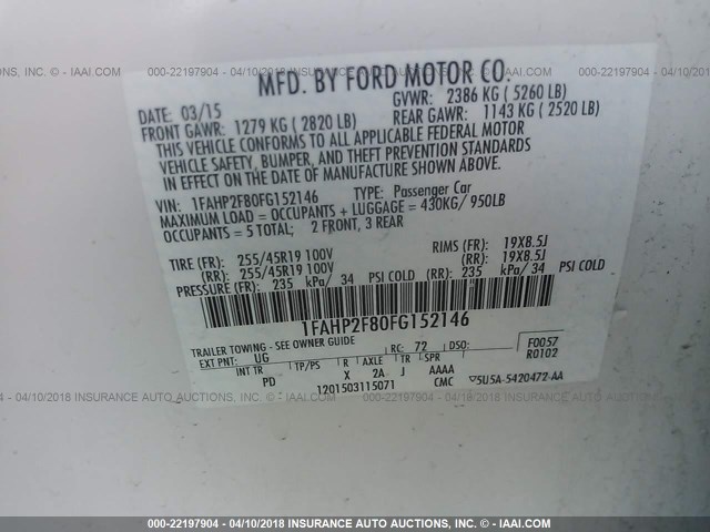 1FAHP2F80FG152146 - 2015 FORD TAURUS LIMITED WHITE photo 9