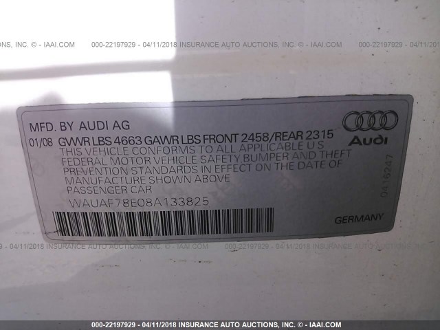 WAUAF78E08A133825 - 2008 AUDI A4 2.0T WHITE photo 9