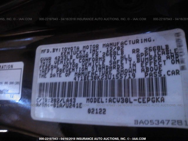 4T1BE30K23U155719 - 2003 TOYOTA CAMRY LE/XLE/SE შავი ფოტო 9