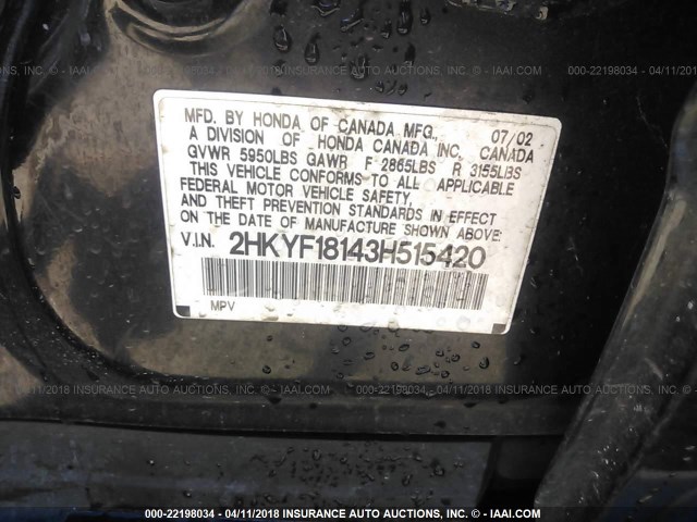 2HKYF18143H515420 - 2003 HONDA PILOT LX BLACK photo 9