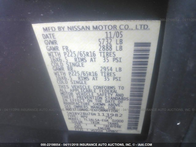 5N1BV28U76N113982 - 2006 NISSAN QUEST S/SE/SL BLACK photo 9