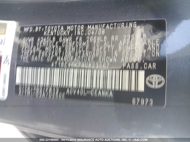 4T1BE46K79U823567 - 2009 TOYOTA CAMRY SE/LE/XLE GRAY photo 9