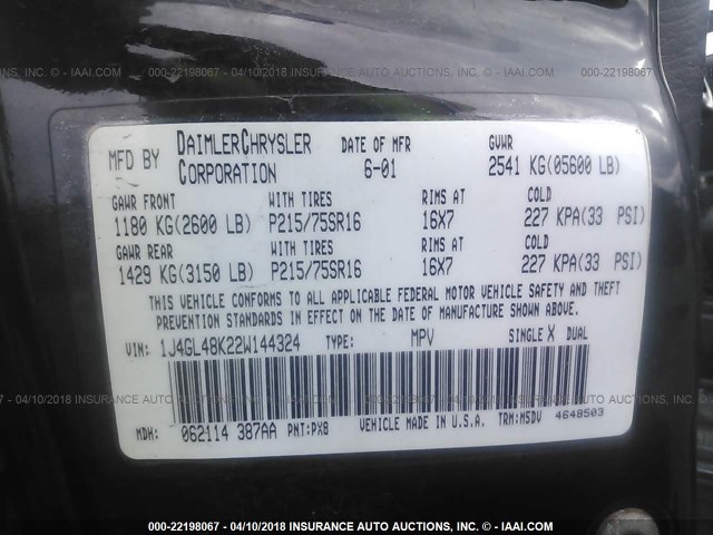 1J4GL48K22W144324 - 2002 JEEP LIBERTY SPORT 黑色 照片 9