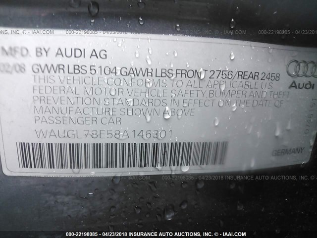 WAUGL78E58A146301 - 2008 AUDI S4 QUATTRO GRAY photo 9