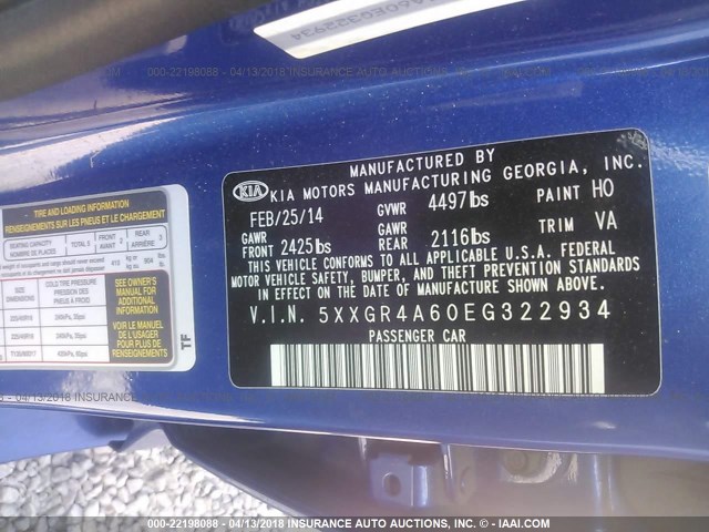 5XXGR4A60EG322934 - 2014 KIA OPTIMA SX BLUE photo 9