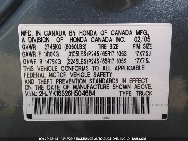 2HJYK16526H504684 - 2006 HONDA RIDGELINE RTL BLUE photo 9