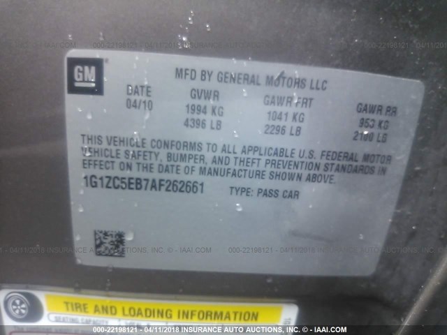 1G1ZC5EB7AF262661 - 2010 CHEVROLET MALIBU 1LT 棕色 照片 9