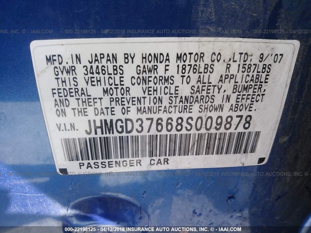 JHMGD37668S009878 - 2008 HONDA FIT SPORT BLUE photo 9