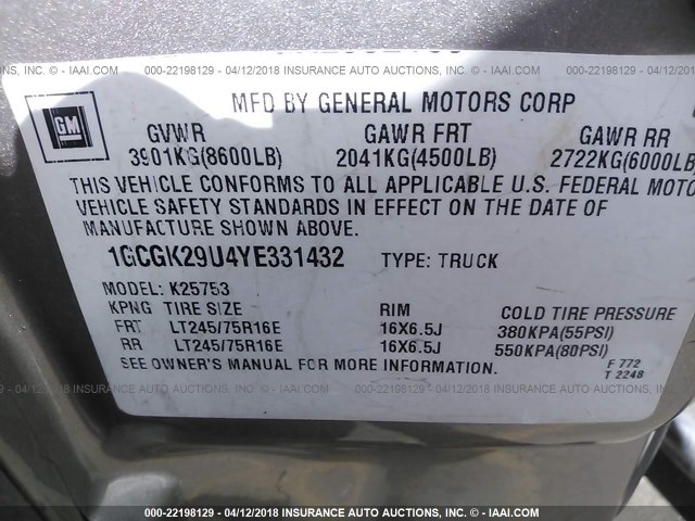 1GCGK29U4YE331432 - 2000 CHEVROLET SILVERADO K2500 GOLD photo 9