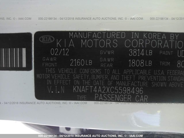 KNAFT4A2XC5598496 - 2012 KIA FORTE LX WHITE photo 9