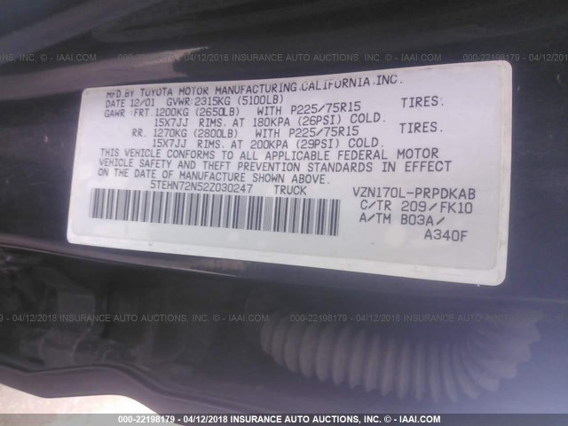 5TEHN72N52Z030247 - 2002 TOYOTA TACOMA DOUBLE CAB 黑色 照片 9