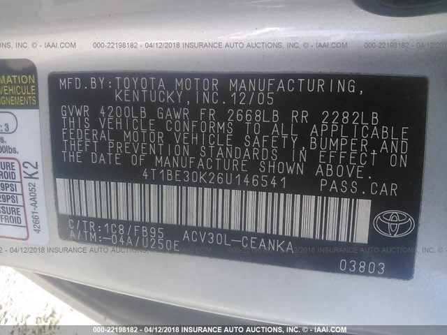 4T1BE30K26U146541 - 2006 TOYOTA CAMRY LE/XLE/SE SILVER photo 9