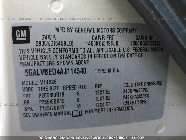 5GALVBED4AJ114540 - 2010 BUICK ENCLAVE CXL ბეჟი ფოტო 9