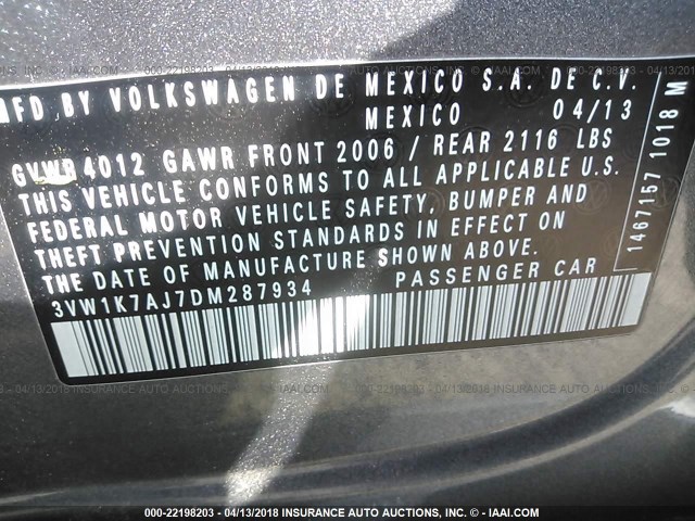 3VW1K7AJ7DM287934 - 2013 VOLKSWAGEN JETTA S GRAY photo 9