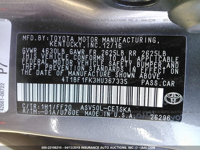 4T1BF1FK3HU367335 - 2017 TOYOTA CAMRY LE/XLE/SE/XSE GRAY photo 9
