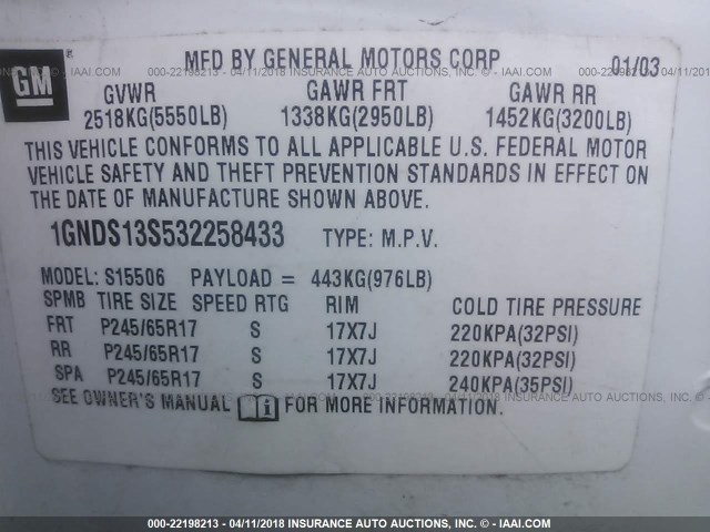 1GNDS13S532258433 - 2003 CHEVROLET TRAILBLAZER  WHITE photo 9