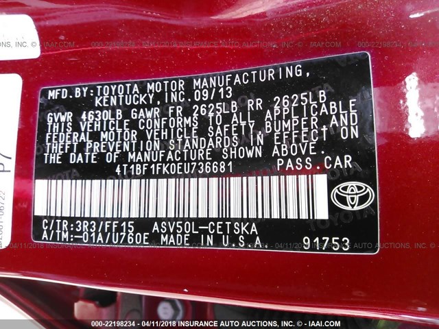 4T1BF1FK0EU736681 - 2014 TOYOTA CAMRY L/SE/LE/XLE RED photo 9
