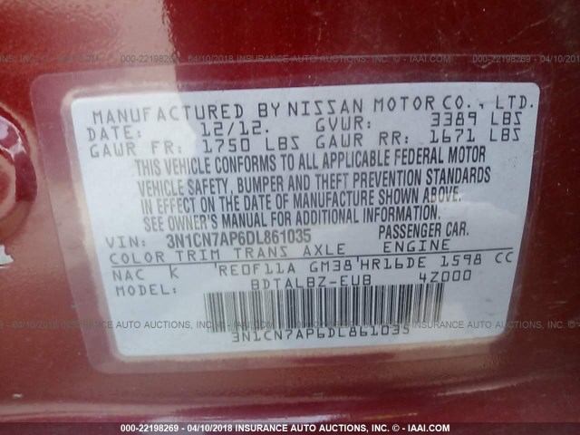 3N1CN7AP6DL861035 - 2013 NISSAN VERSA S/S PLUS/SV/SL RED photo 9