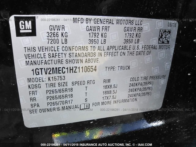 1GTV2MEC1HZ110654 - 2017 GMC SIERRA K1500 SLE BLACK photo 9