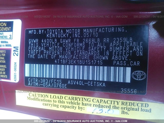 4T1BF3EK1BU151715 - 2011 TOYOTA CAMRY SE/LE/XLE RED photo 9