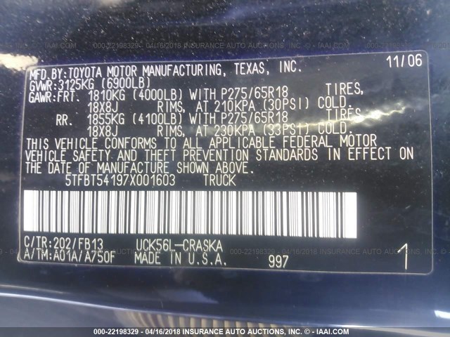 5TFBT54197X001603 - 2007 TOYOTA TUNDRA DOUBLE CAB SR5 BLACK photo 9