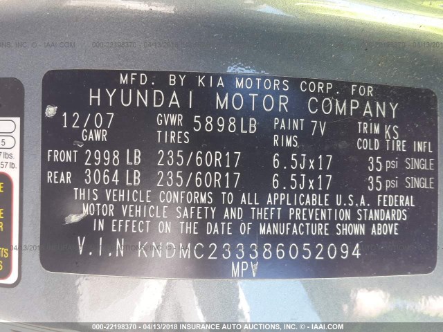 KNDMC233386052094 - 2008 HYUNDAI ENTOURAGE GLS/SE/LIMITED GRAY photo 9