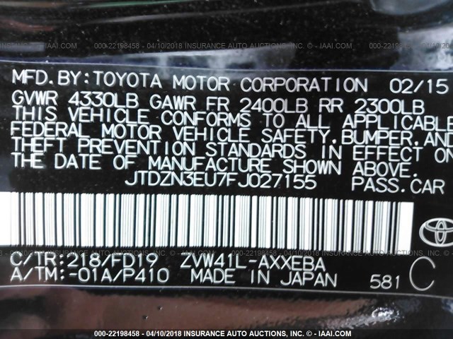 JTDZN3EU7FJ027155 - 2015 TOYOTA PRIUS V BLACK photo 9