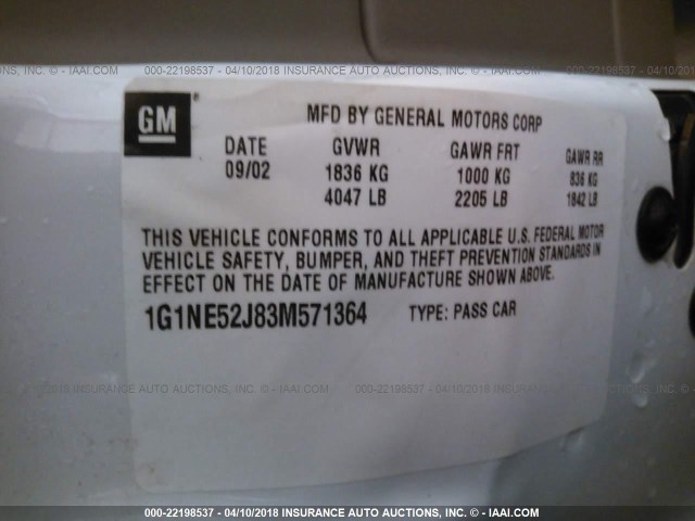 1G1NE52J83M571364 - 2003 CHEVROLET MALIBU LS WHITE photo 9