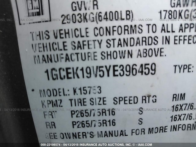 1GCEK19V5YE396459 - 2000 CHEVROLET SILVERADO K1500 Pewter photo 9