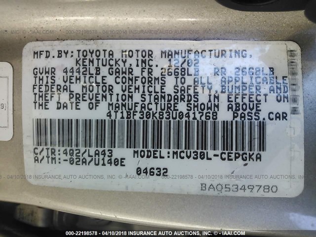 4T1BF30K83U041768 - 2003 TOYOTA CAMRY LE/XLE/SE შამპანური ფოტო 9