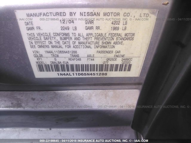 1N4AL11D65N451288 - 2005 NISSAN ALTIMA S/SL SILVER photo 9