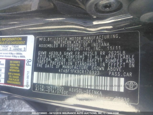 4T4BF1FK9CR176923 - 2012 TOYOTA CAMRY SE/LE/XLE BLACK photo 9