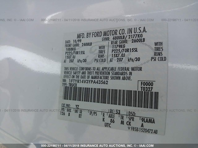 1FTYR14V3YPA43562 - 2000 FORD RANGER SUPER CAB WHITE photo 9