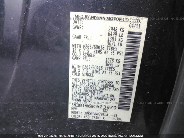 5N1BR1NB5BC623979 - 2011 NISSAN PATHFINDER LE ნაცრისფერი ფოტო 9